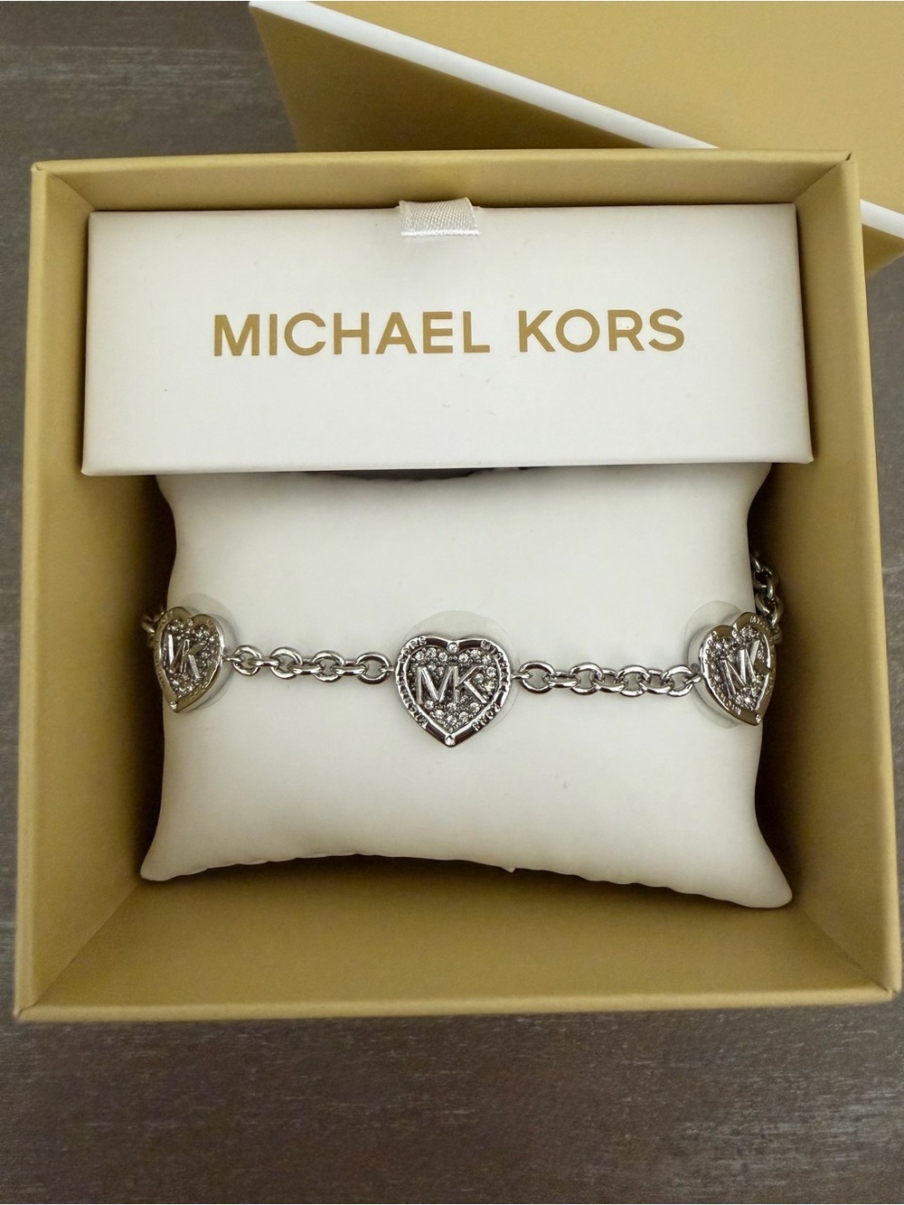 Michael Kors Silver Tone Chain Bracelet Crystal Pavé Heart MK Logo NWT